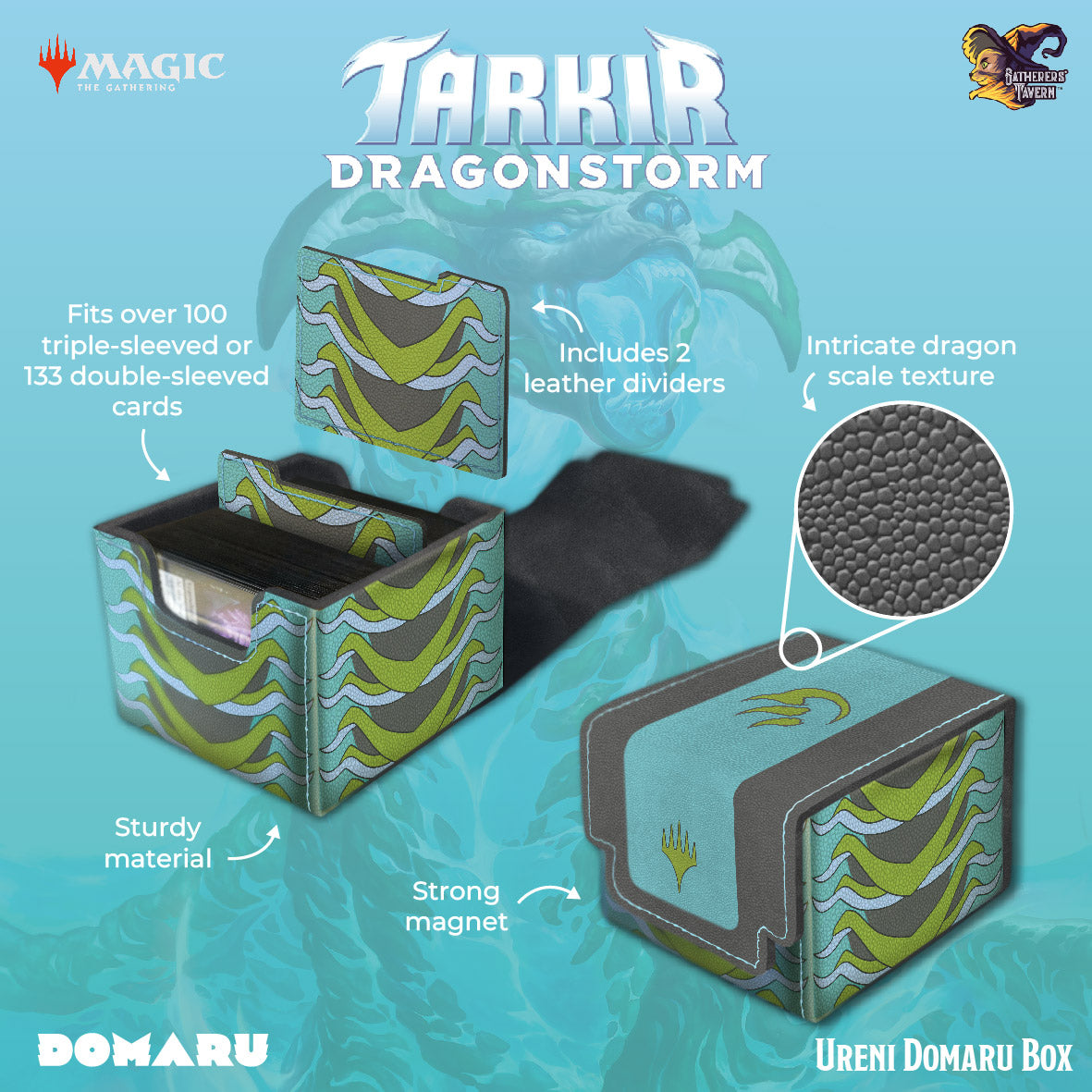 Magic the Gathering Tarkir Dragonstorm Domaru Box - Ureni - Blue and green Magic the Gathering deck box with dragon scale texture and leather dividers.