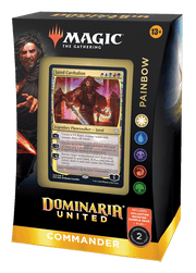 Magic: the Gathering -  Dominaria United Commander - Painbow - The Gathering Dominaria United Commander deck box featuring Painbow artwork with multicolor mana symbols on black and yellow .