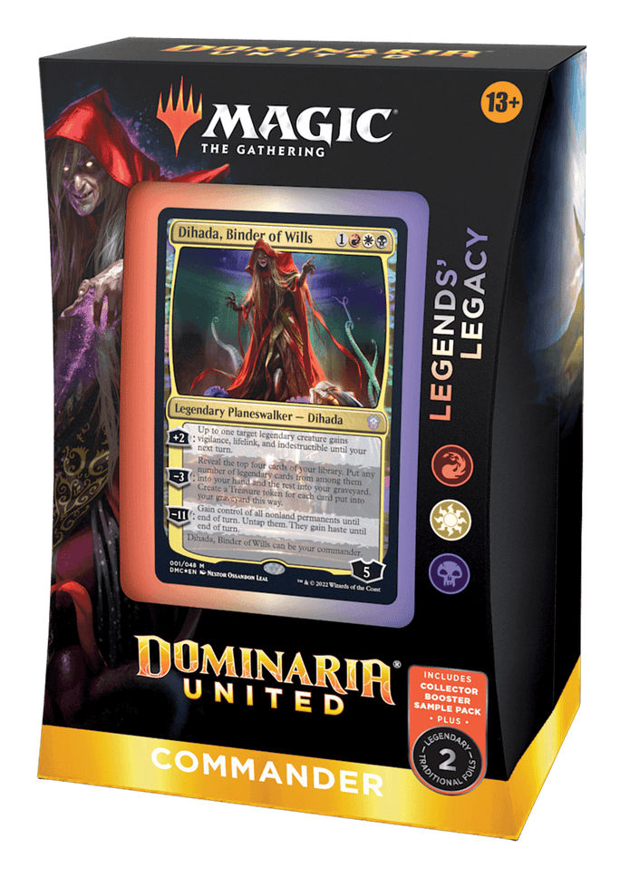Magic: the Gathering -  Dominaria United Commander - Legends' Legacy - The Gathering Dominaria United Commander Legends' Legacy deck box with character art and game card displayed on front.