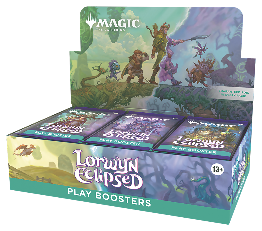 Magic: The Gathering - Lorwyn Eclipsed Play Booster Box - The Gathering Lorwyn Eclipsed Play Booster box with fantasy forest creatures on display box and booster packs inside.
