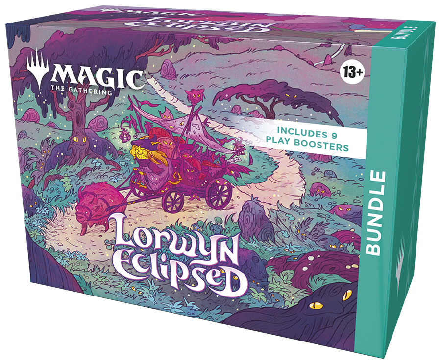 Magic: The Gathering - Lorwyn Eclipsed Bundle - The Gathering Lorwyn Eclipsed Bundle box with colorful fantasy artwork featuring forest creatures and a mystical carriage,.
