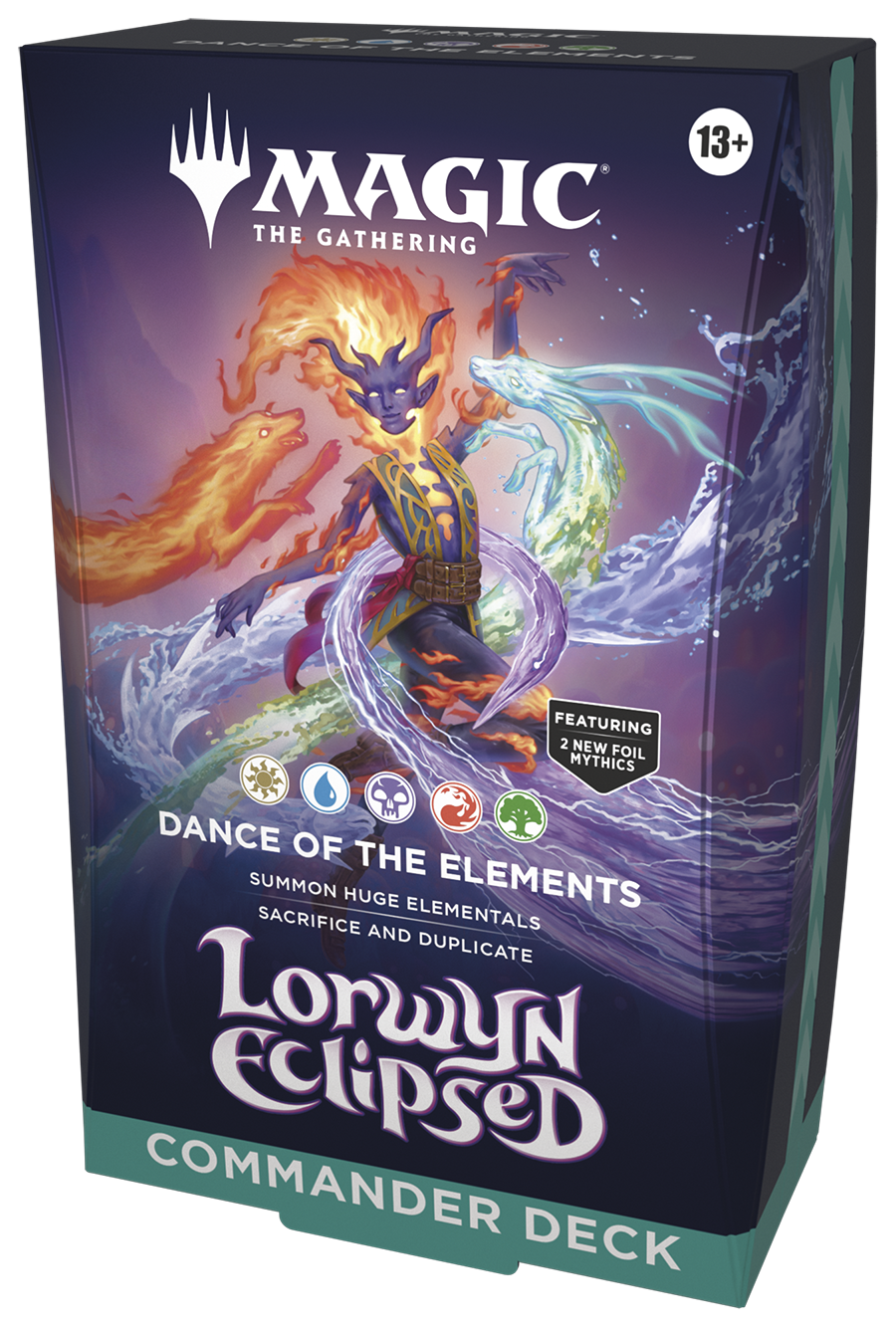 Magic: The Gathering - Lorwyn Eclipsed Commander Deck - Dance of the Elements - The Gathering Lorwyn Eclipsed Commander Deck box with elemental-themed artwork in purple and blue tones and multicolored.