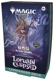 Magic: The Gathering - Lorwyn Eclipsed Commander Deck - Blight Curse - The Gathering Lorwyn Eclipsed Blight Curse Commander Deck box with fantasy art of a cloaked warrior and ethereal blue smoke,