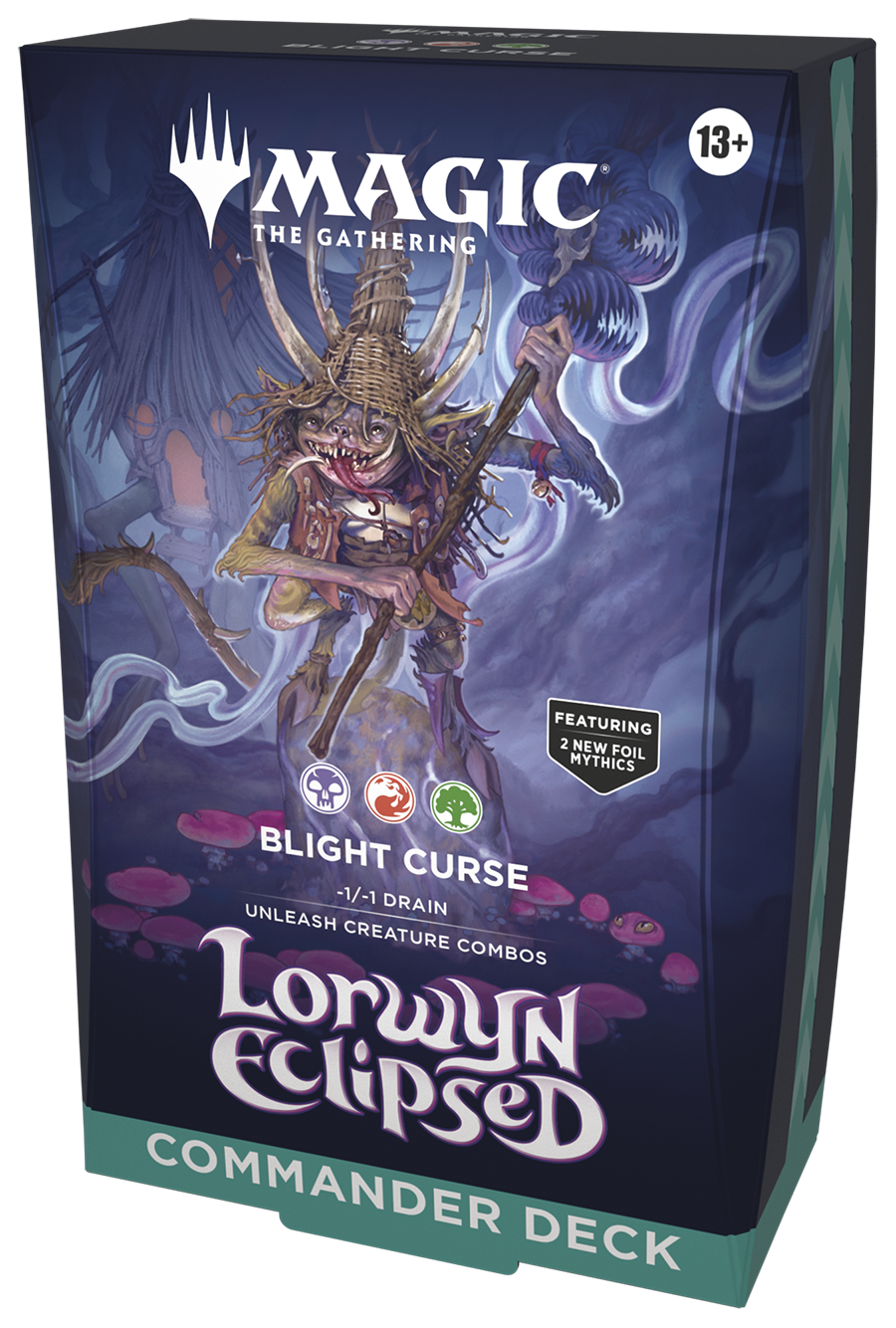 Magic: The Gathering - Lorwyn Eclipsed Commander Deck - Blight Curse - The Gathering Lorwyn Eclipsed Blight Curse Commander Deck box with fantasy art of a cloaked warrior and ethereal blue smoke,