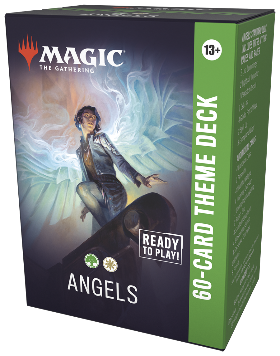 Magic: The Gathering - Lorwyn Eclipsed Theme Deck - Angels - The Gathering Lorwyn Eclipsed Theme Deck box with angelic figure wings glowing against dark background, green side panel,.