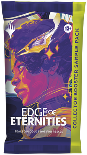 Magic: The Gathering - Edge of Eternities Collector Pack - The Gathering Edge of Eternities booster pack with purple and yellow artwork featuring a stylized face and mystical elements