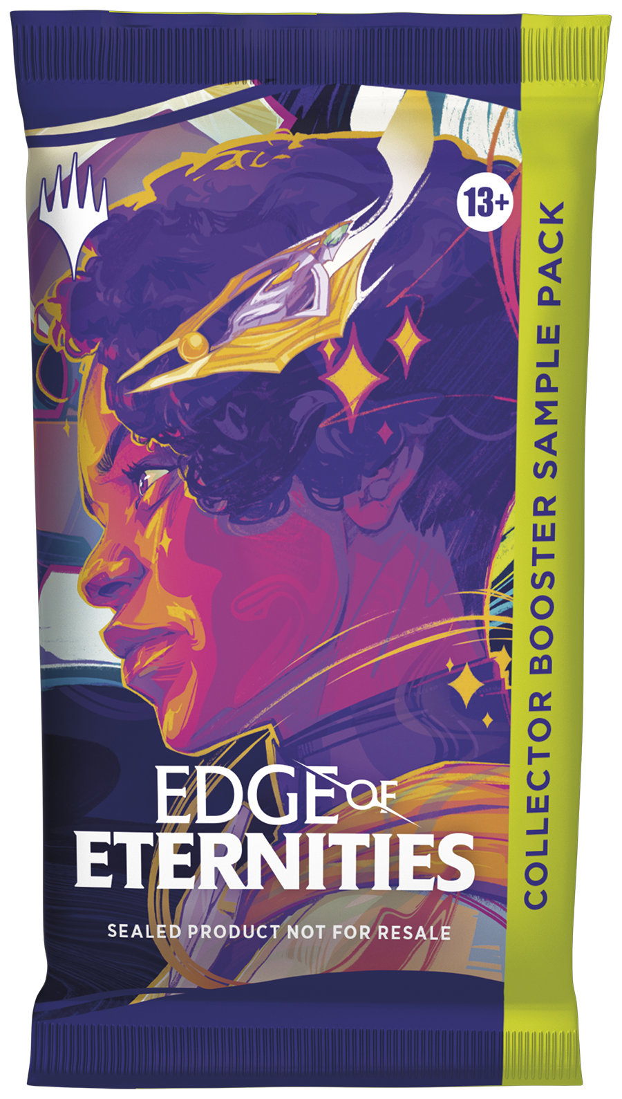 Magic: The Gathering - Edge of Eternities Collector Pack - The Gathering Edge of Eternities booster pack with purple and yellow artwork featuring a stylized face and mystical elements