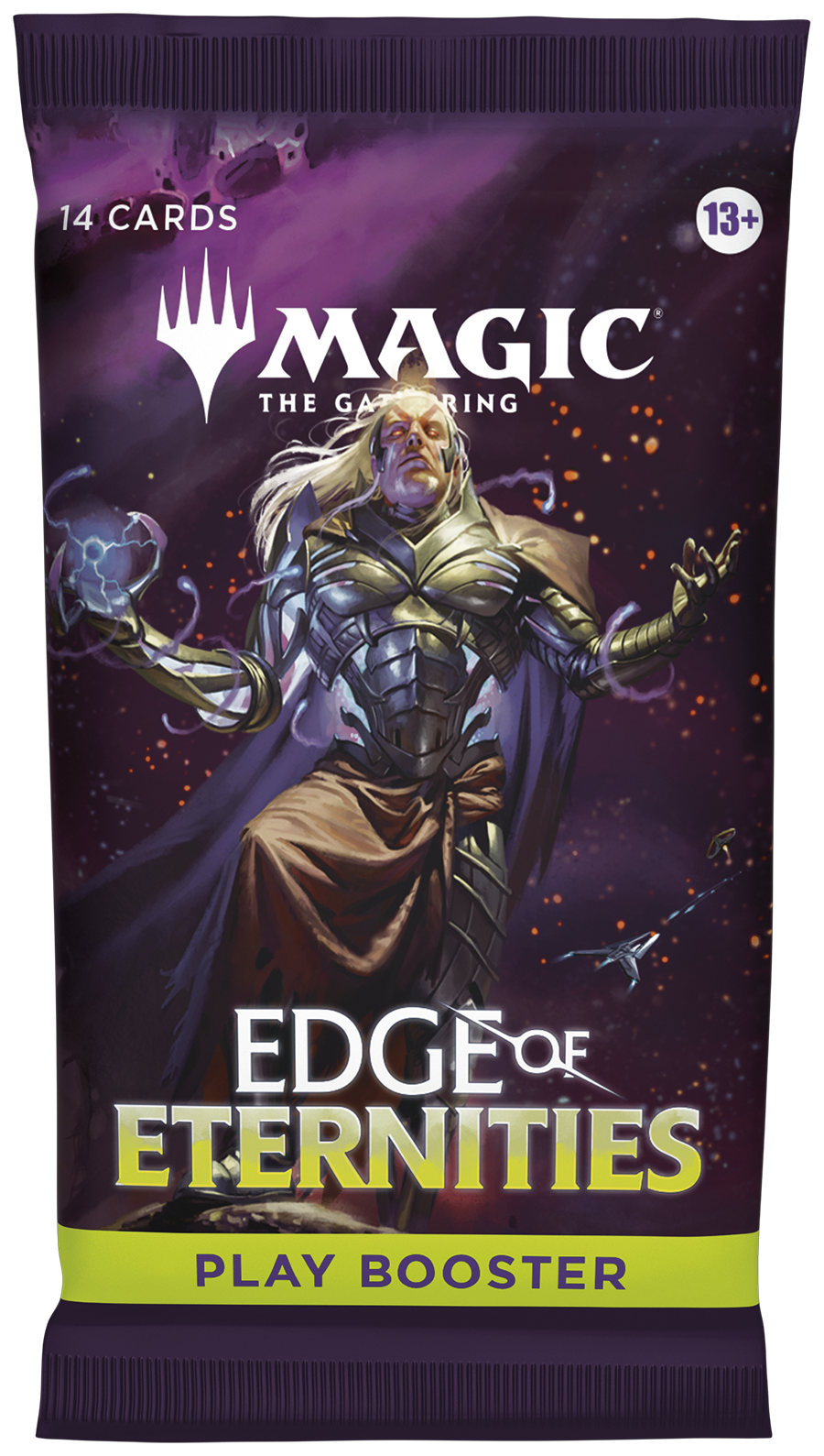 Magic: The Gathering - Edge of Eternities Play Booster Pack - The Gathering play booster pack with a mystical armored character and the text "Edge of Eternities" and "14 cards".