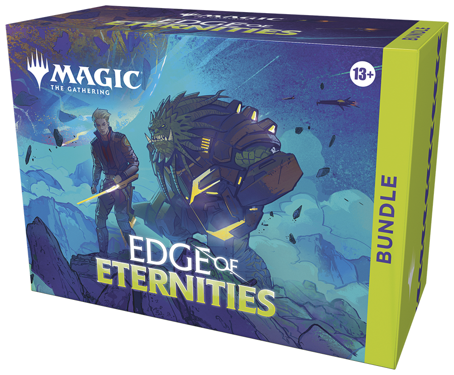 Magic: The Gathering - Edge of Eternities Bundle - The Gathering Edge of Eternities Bundle box with dark blue and green fantasy artwork and bold yellow text on the side.