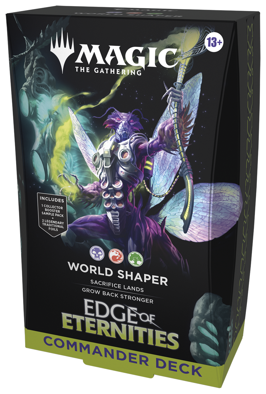 Magic: The Gathering - Edge of Eternities Commander Deck: World Shaper - The Gathering World Shaper commander deck box with dark fantasy artwork featuring a purple-armored elf figure wielding a.