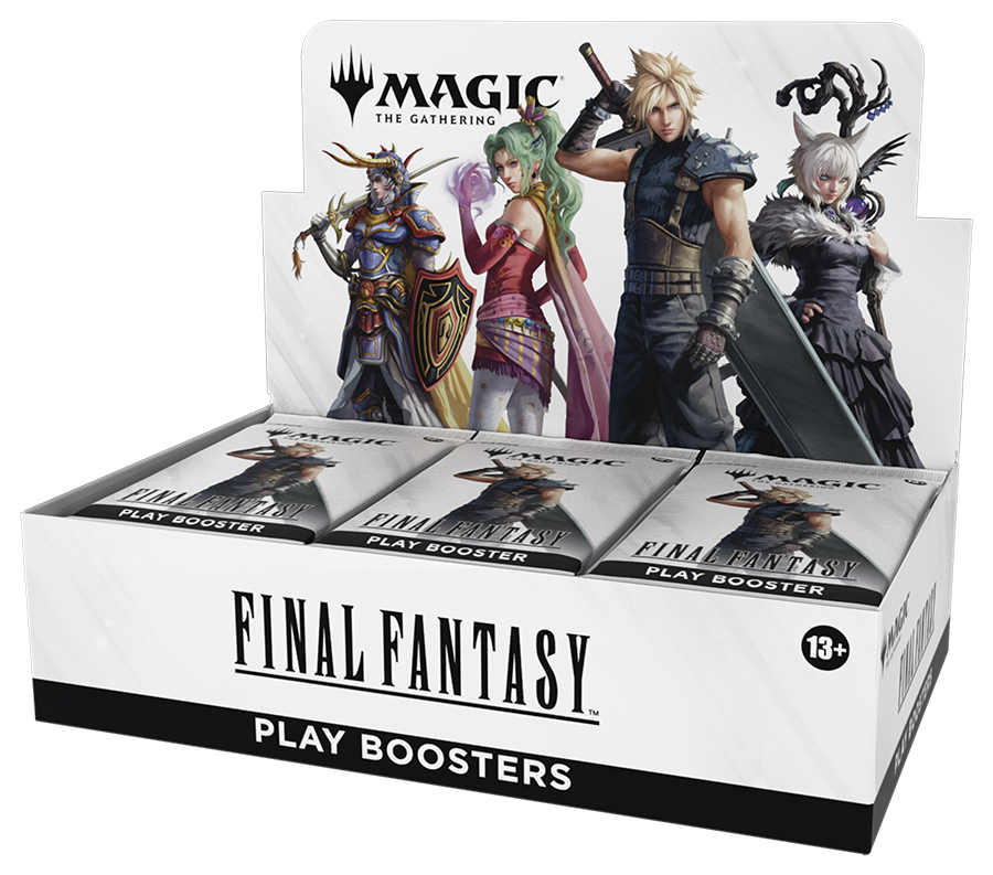 Magic: The Gathering - Final Fantasy Play Booster Box - The Gathering Final Fantasy play booster box featuring characters Cloud, Sephiroth, Terra, and Tifa on display panel.