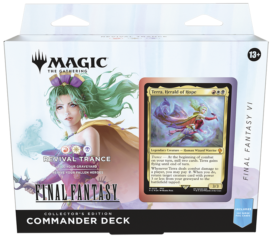 Magic: The Gathering - Final Fantasy Collector Commander Deck: Revival Trance - The Gathering Final Fantasy Revival Trance Collector Commander Deck box with green-haired female character art and Enzo,.