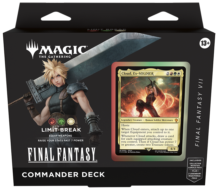 Magic: The Gathering - Final Fantasy Commander Deck: Limit Break - The Gathering Final Fantasy Commander Deck box featuring Cloud with a large sword on black background and a highlighted card
