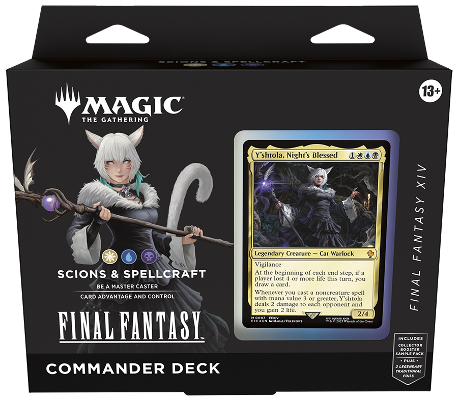 Magic: The Gathering - Final Fantasy Commander Deck: Scions & Spellcraft - The Gathering Final Fantasy Commander Deck box featuring a white-haired character wielding a staff, with a dark.