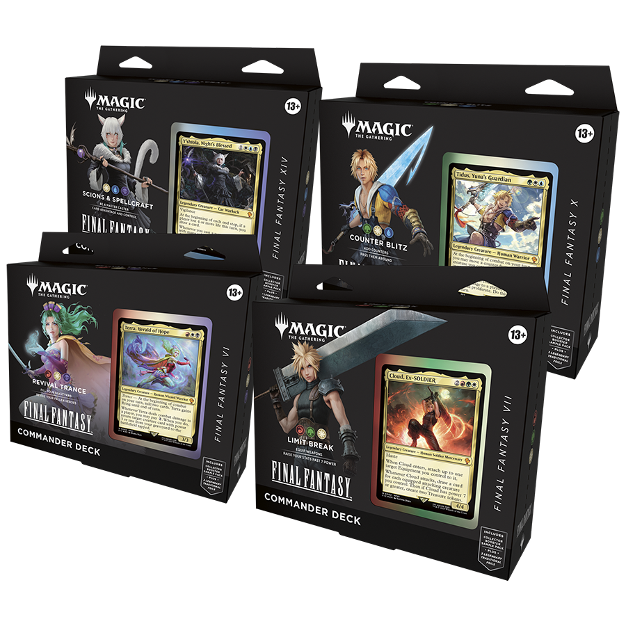 Magic: The Gathering - Final Fantasy Commander Deck Case - The Gathering Final Fantasy Commander Deck cases, each black with character art and a featured game card on the front,.