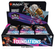 Magic: The Gathering - Foundations Play Booster Box - The Gathering Foundations Play Booster Box with vibrant artwork of fantasy warriors, displaying 36 colorful booster packs in