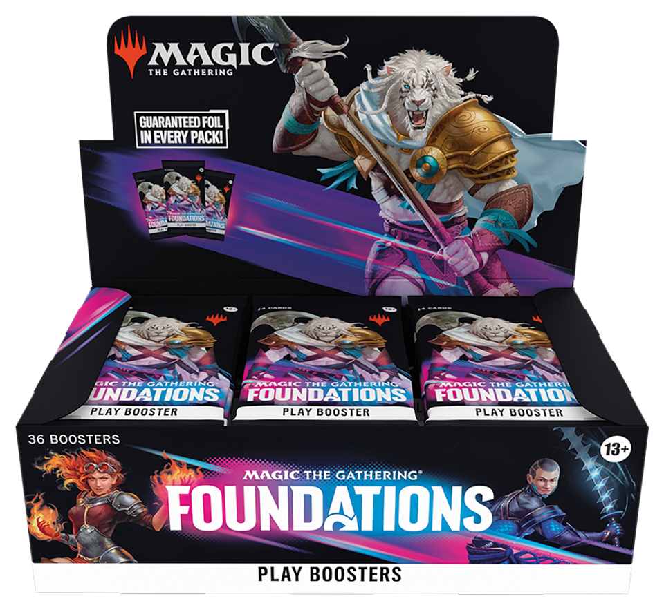 Magic: The Gathering - Foundations Play Booster Box - The Gathering Foundations Play Booster Box with vibrant artwork of fantasy warriors, displaying 36 colorful booster packs in
