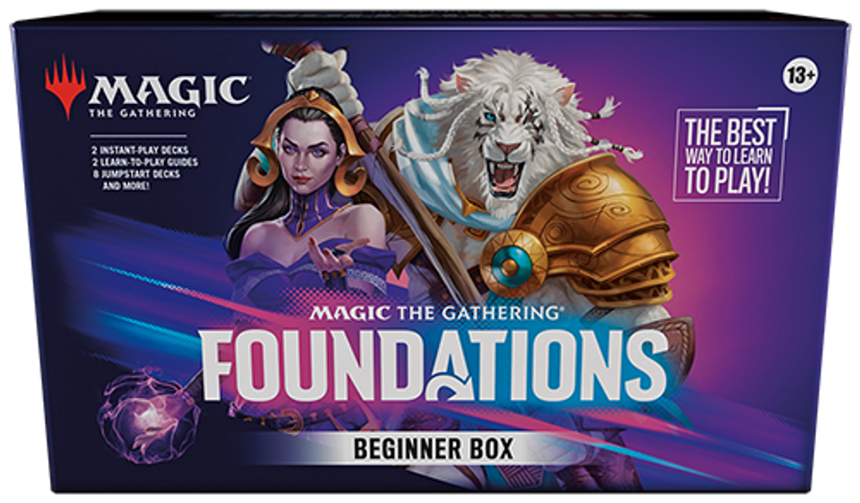 Magic: The Gathering - Foundations Learn to Play Beginner Box - The Gathering Foundations beginner box with female character and white lion artwork on front.