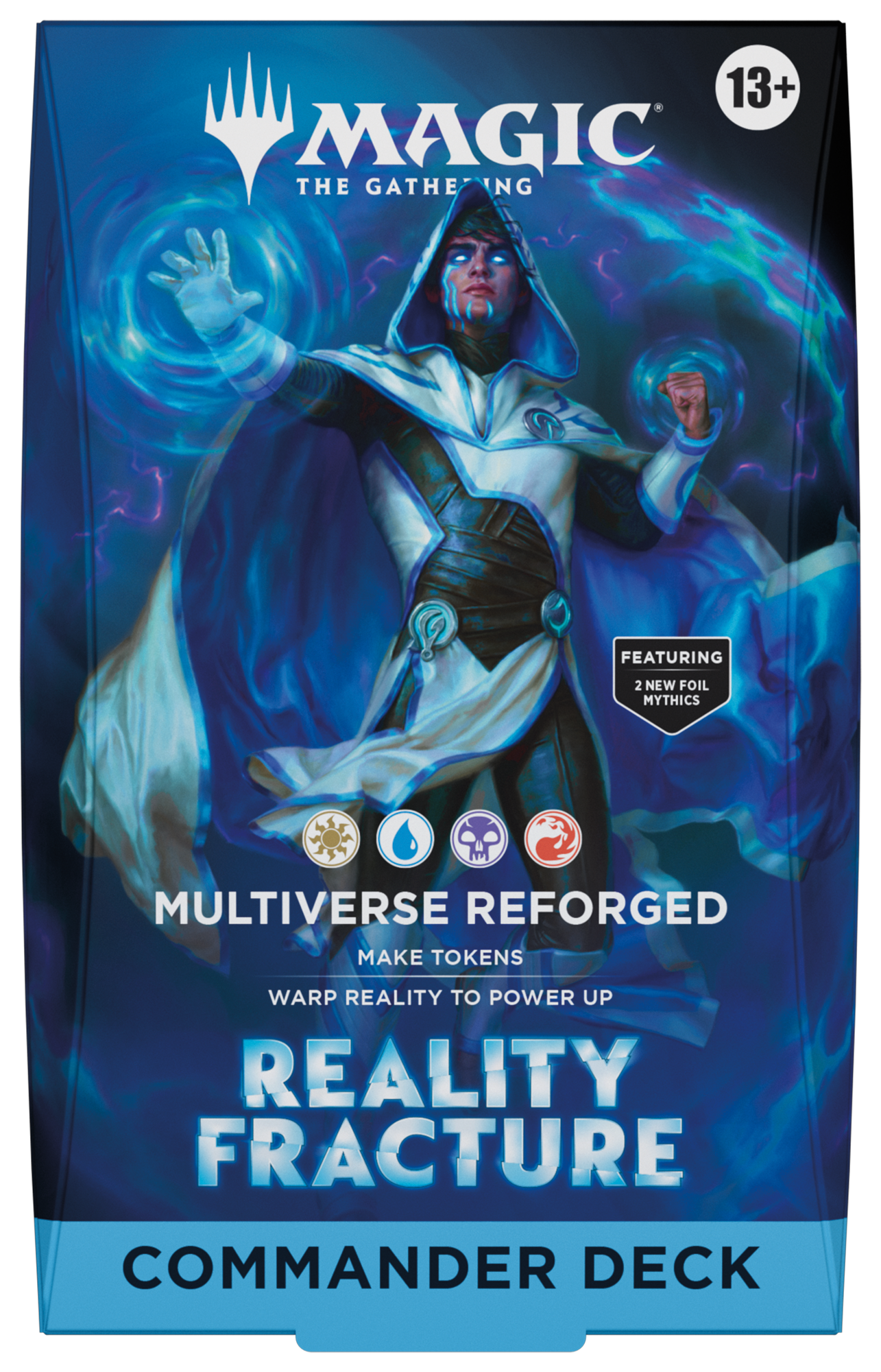 Magic: The Gathering - Reality Fracture Commander Deck - Multiverse Reforged (PREORDER) - The Gathering Multiverse Reforged Reality Fracture Commander Deck box with blue and teal magical artwork and hooded figure.