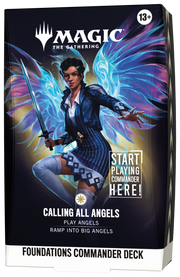 Magic: The Gathering - Foundations Commander Deck - Calling All Angels (PREORDER) - The Gathering Foundations Commander Deck box featuring a dark-haired character with glowing blue angel wings, holding a.