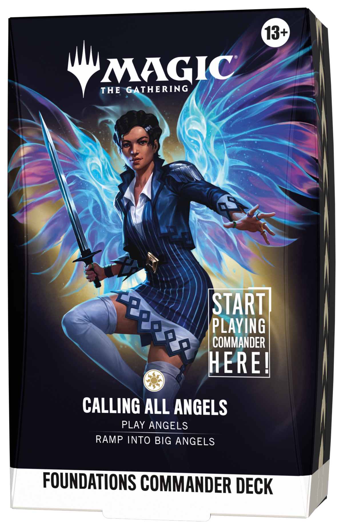 Magic: The Gathering - Foundations Commander Deck - Calling All Angels (PREORDER) - The Gathering Foundations Commander Deck box featuring a dark-haired character with glowing blue angel wings, holding a.