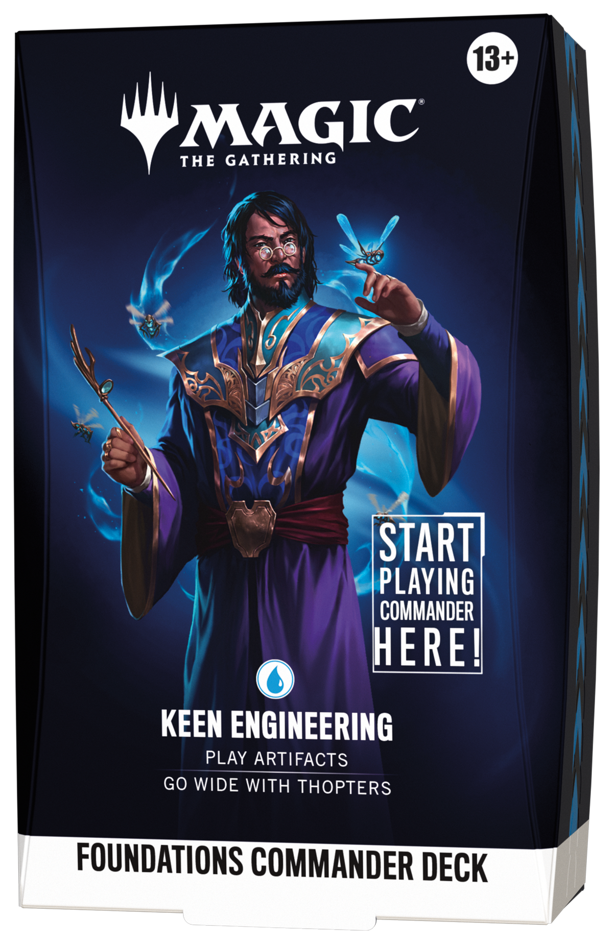 Magic: The Gathering - Foundations Commander Deck - Keen Engineering (PREORDER) - The Gathering Foundations Commander Deck box featuring a dark blue background and a wizard character casting blue magical.