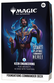 Magic: The Gathering - Foundations Commander Deck - Keen Engineering (PREORDER) - The Gathering Foundations Commander Deck box featuring a dark blue background and a wizard character casting blue magical.