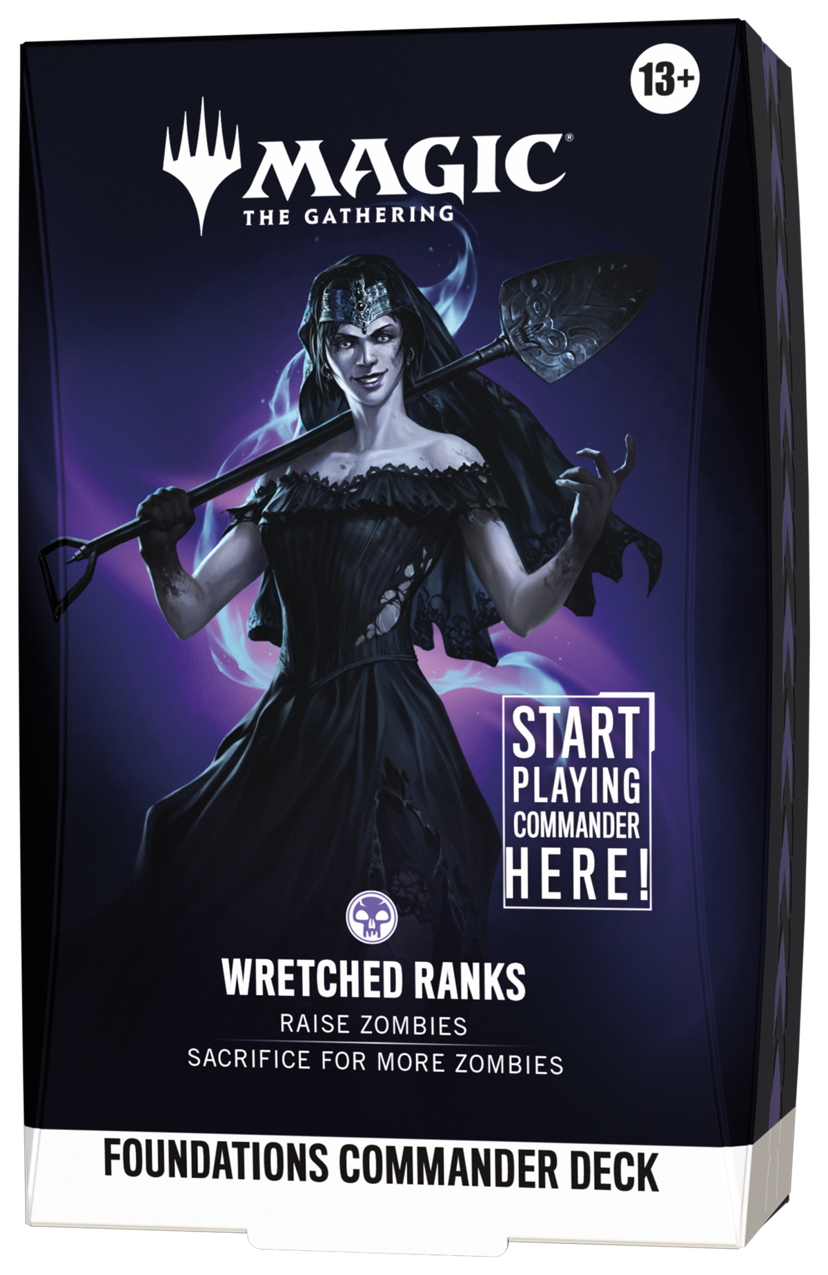 Magic: The Gathering - Foundations Commander Deck - Wretched Ranks (PREORDER) - The Gathering Foundations Commander Deck box featuring dark fantasy art of a pale woman in black wielding a staff, with.