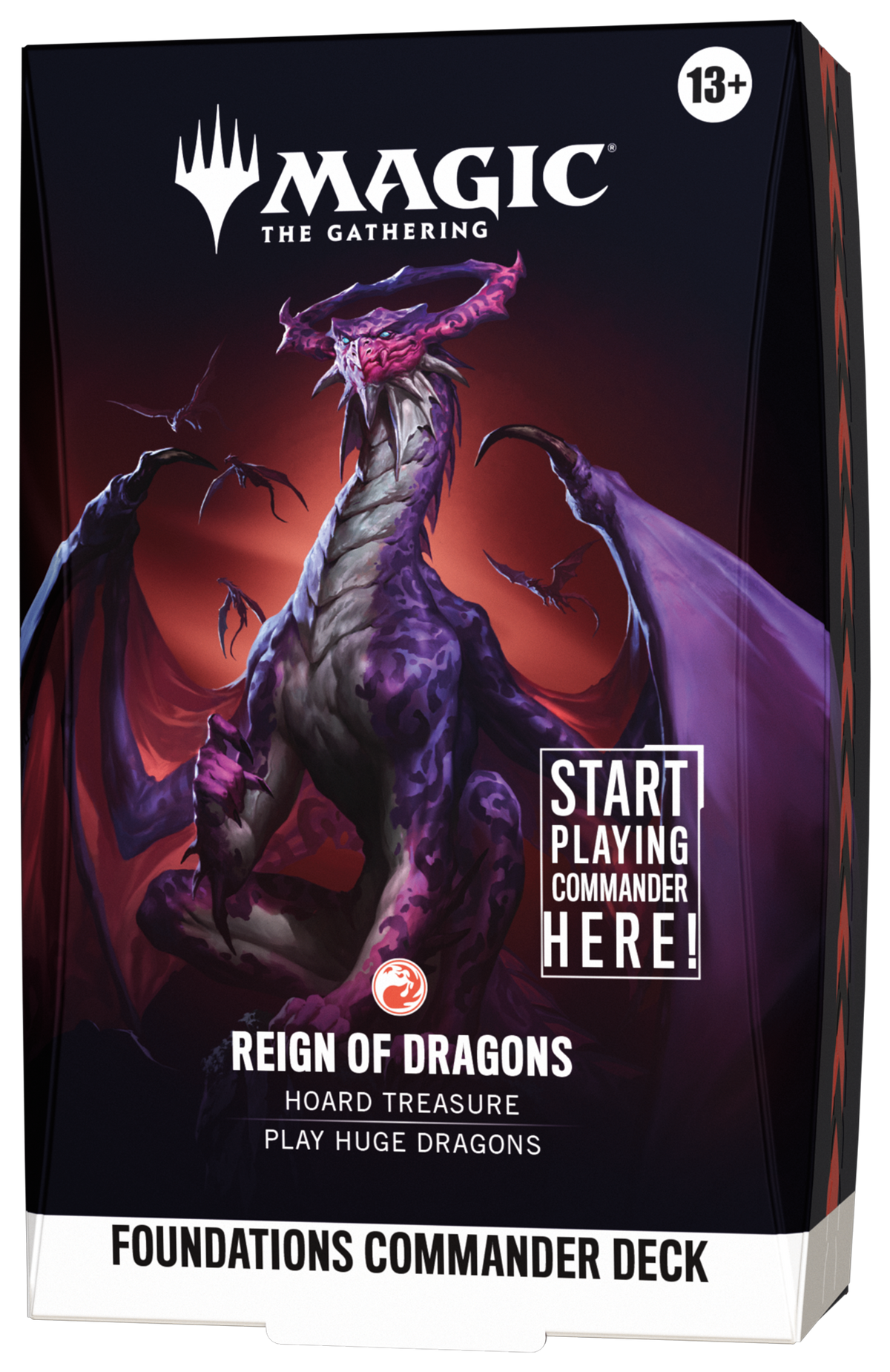 Magic: The Gathering - Foundations Commander Deck - Reign of Dragons (PREORDER) - The Gathering Foundations Commander Deck box featuring a dark purple dragon with glowing red eyes and wings on a black.