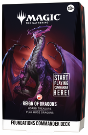Magic: The Gathering - Foundations Commander Deck - Reign of Dragons (PREORDER) - The Gathering Foundations Commander Deck box featuring a dark purple dragon with glowing red eyes and wings on a black.