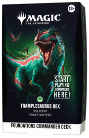 Magic: The Gathering - Foundations Commander Deck - Tramplesaurus Rex (PREORDER) - The Gathering Foundations Commander Deck box featuring vibrant green and red dinosaur artwork with roaring Tramplesaurus Rex