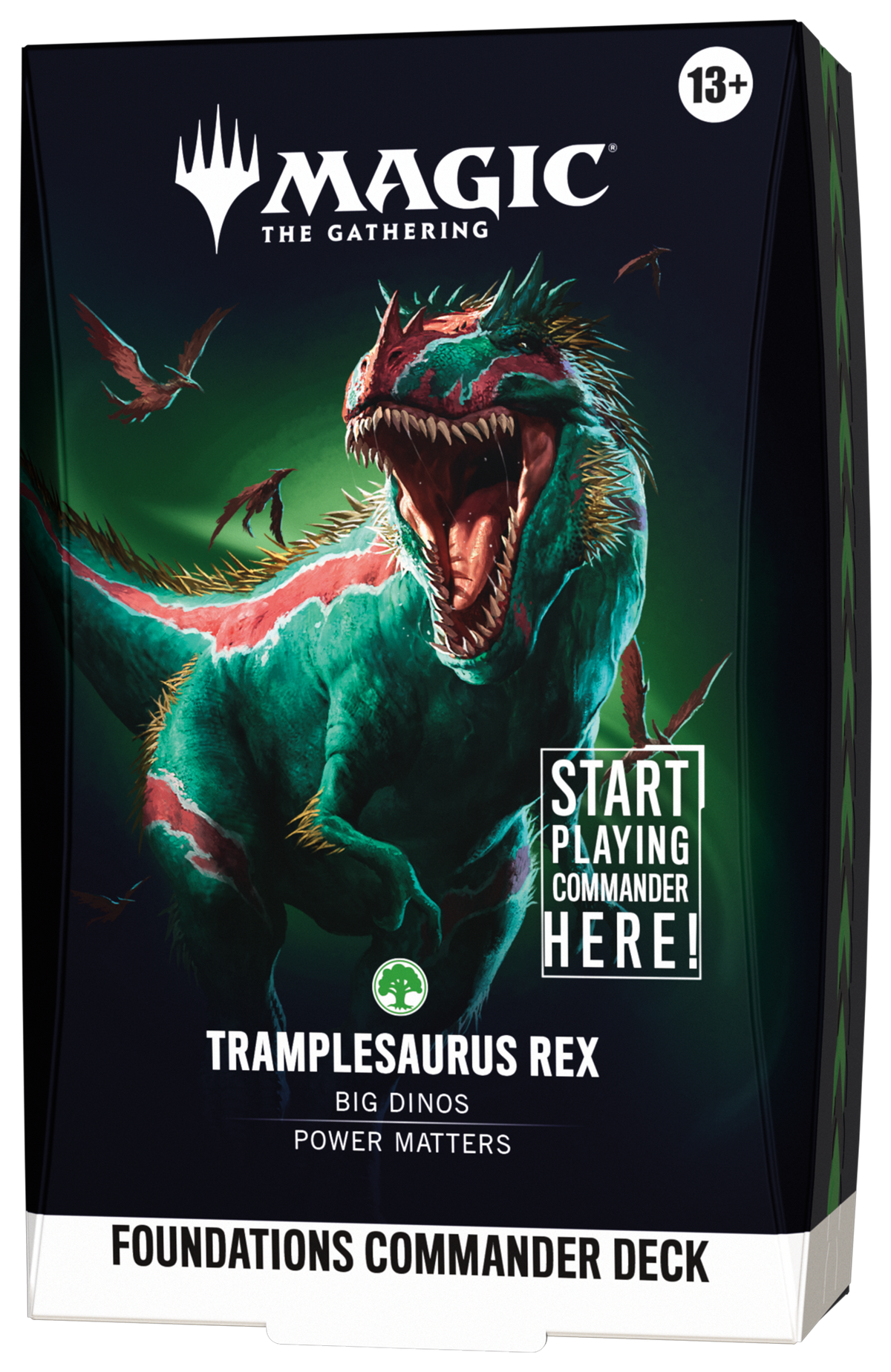 Magic: The Gathering - Foundations Commander Deck - Tramplesaurus Rex (PREORDER) - The Gathering Foundations Commander Deck box featuring vibrant green and red dinosaur artwork with roaring Tramplesaurus Rex