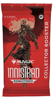 Magic the Gathering: Innistrad Remastered Collector Booster Pack - Red foil booster pack featuring a female warrior with long flowing hair and armor, holding a sword, labeled Magic the.