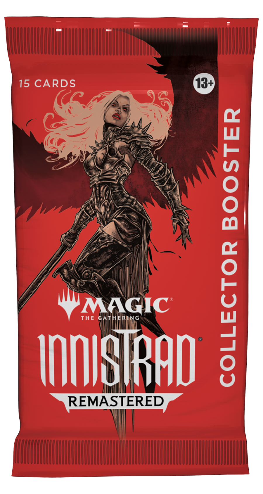 Magic the Gathering: Innistrad Remastered Collector Booster Pack - Red foil booster pack featuring a female warrior with long flowing hair and armor, holding a sword, labeled Magic the.