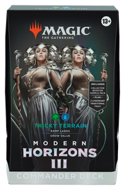 Magic: The Gathering - Modern Horizons 3 Commander - Tricky Terrain - The Gathering Modern Horizons 3 Commander deck box with dark fantasy art of two mirrored female figures in elegant white.