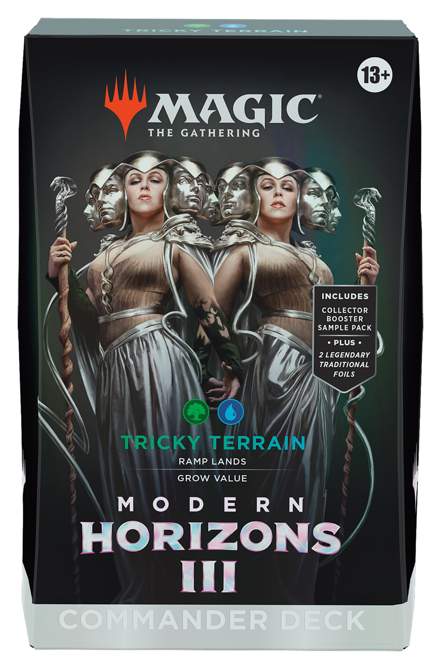 Magic: The Gathering - Modern Horizons 3 Commander - Tricky Terrain - The Gathering Modern Horizons 3 Commander deck box with dark fantasy art of two mirrored female figures in elegant white.