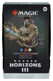 Magic: The Gathering - Modern Horizons 3 Commander - Creative Energy - The Gathering Modern Horizons 3 Commander deck box featuring a character in steampunk goggles holding glowing blue energy,.