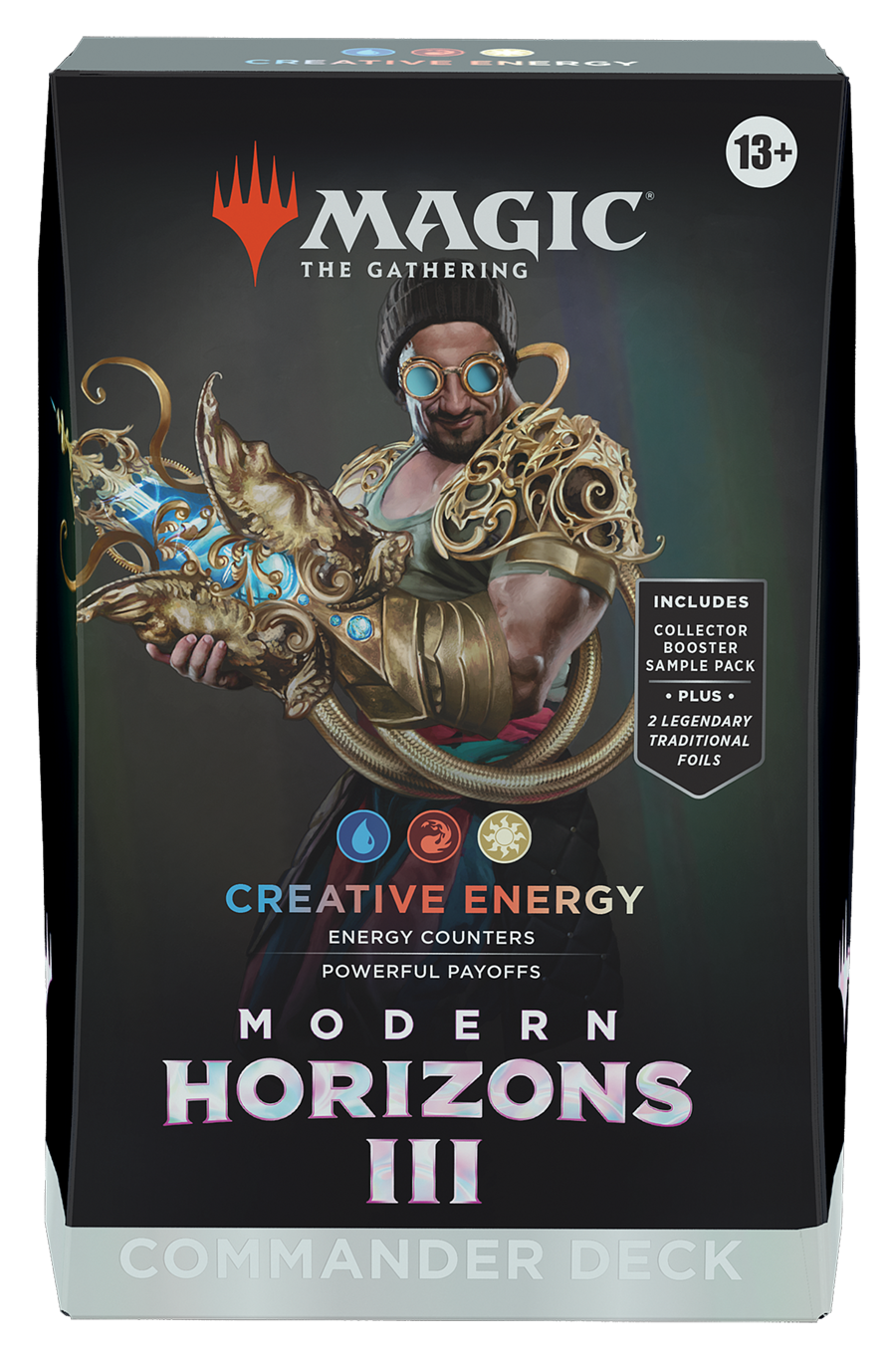 Magic: The Gathering - Modern Horizons 3 Commander - Creative Energy - The Gathering Modern Horizons 3 Commander deck box featuring a character in steampunk goggles holding glowing blue energy,.