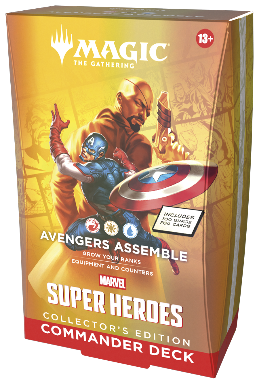 Magic: The Gathering - Marvel Super Heroes Commander Deck, Collector Edition - Avengers Assemble (PREORDER) - The Gathering Avengers Assemble collector’s edition deck box featuring Captain America wielding his shield on a yellow and.