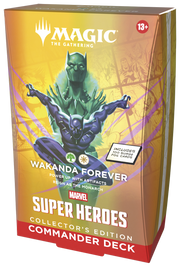 Magic: The Gathering - Marvel Super Heroes Commander Deck, Collector Edition - Wakanda Forever (PREORDER) - The Gathering Wakanda Forever Marvel Super Heroes Commander Deck box with purple Black Panther figure and gold background.