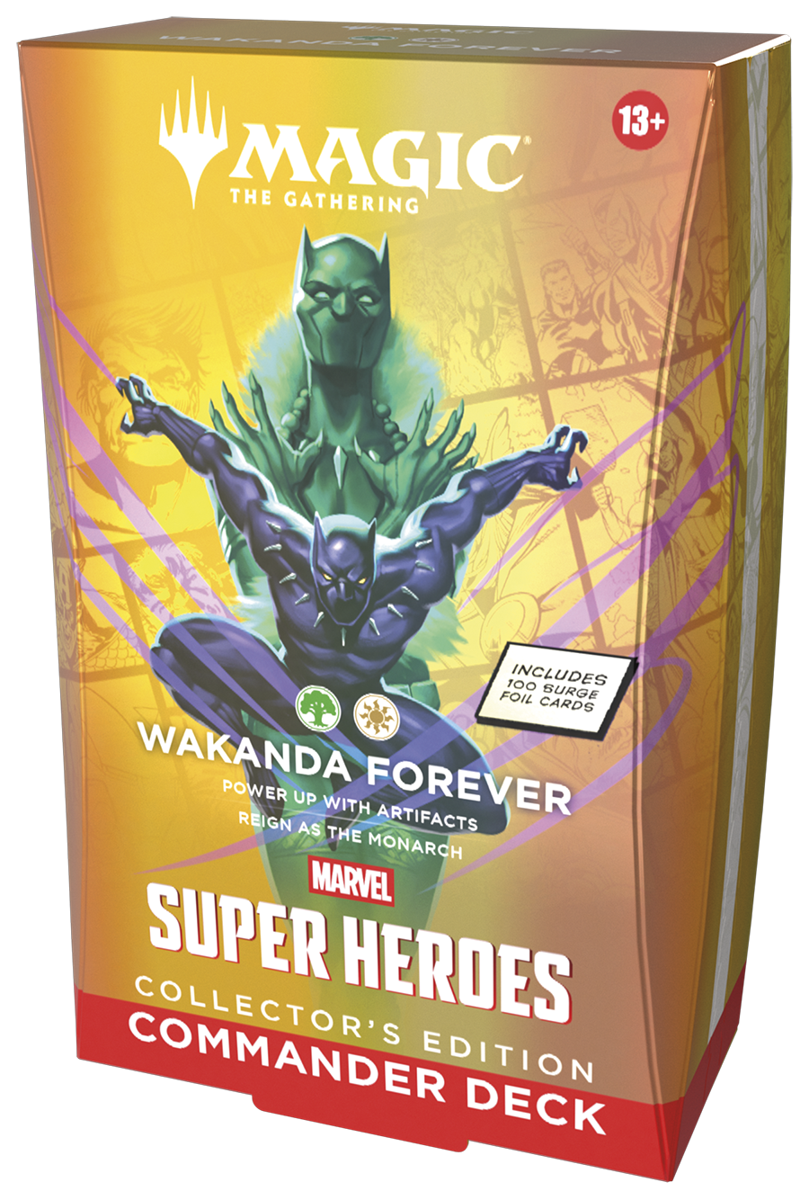 Magic: The Gathering - Marvel Super Heroes Commander Deck, Collector Edition - Wakanda Forever (PREORDER) - The Gathering Wakanda Forever Marvel Super Heroes Commander Deck box with purple Black Panther figure and gold background.