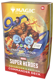 Magic: The Gathering - Marvel Super Heroes Commander Deck, Collector Edition - Fantastic Four (PREORDER) - The Gathering Marvel Super Heroes Commander Deck box featuring Fantastic Four artwork in orange-yellow hues with bold white.