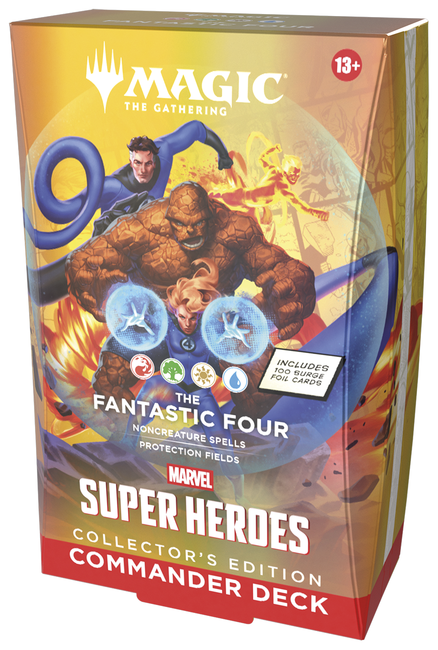 Magic: The Gathering - Marvel Super Heroes Commander Deck, Collector Edition - Fantastic Four (PREORDER) - The Gathering Marvel Super Heroes Commander Deck box featuring Fantastic Four artwork in orange-yellow hues with bold white.