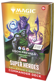 Magic: The Gathering - Marvel Super Heroes Commander Deck, Collector Edition - Doom Prevails (PREORDER) - The Gathering Marvel Super Heroes Commander Deck box featuring Doctor Doom artwork with green, purple, and gold color scheme.