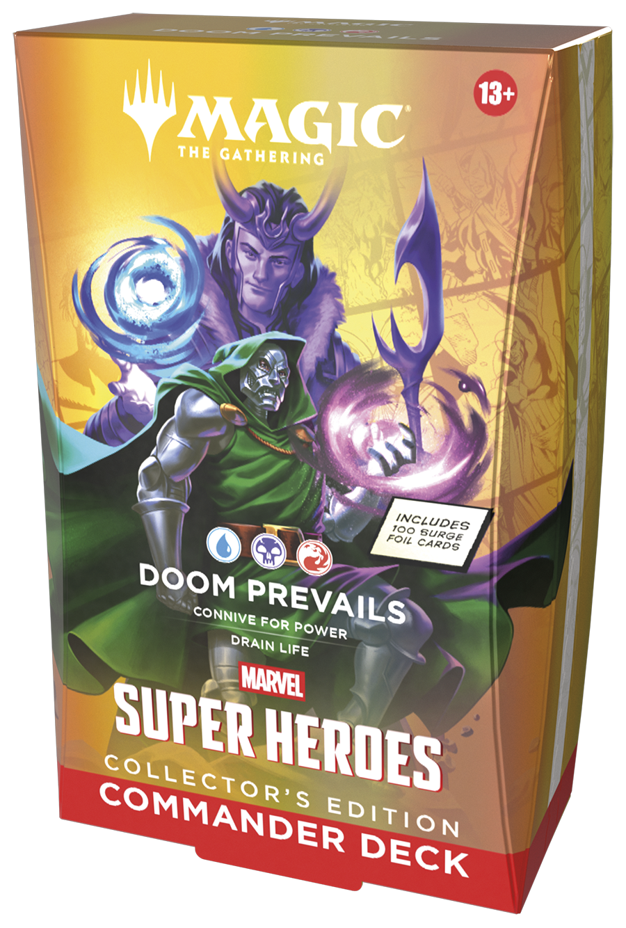 Magic: The Gathering - Marvel Super Heroes Commander Deck, Collector Edition - Doom Prevails (PREORDER) - The Gathering Marvel Super Heroes Commander Deck box featuring Doctor Doom artwork with green, purple, and gold color scheme.