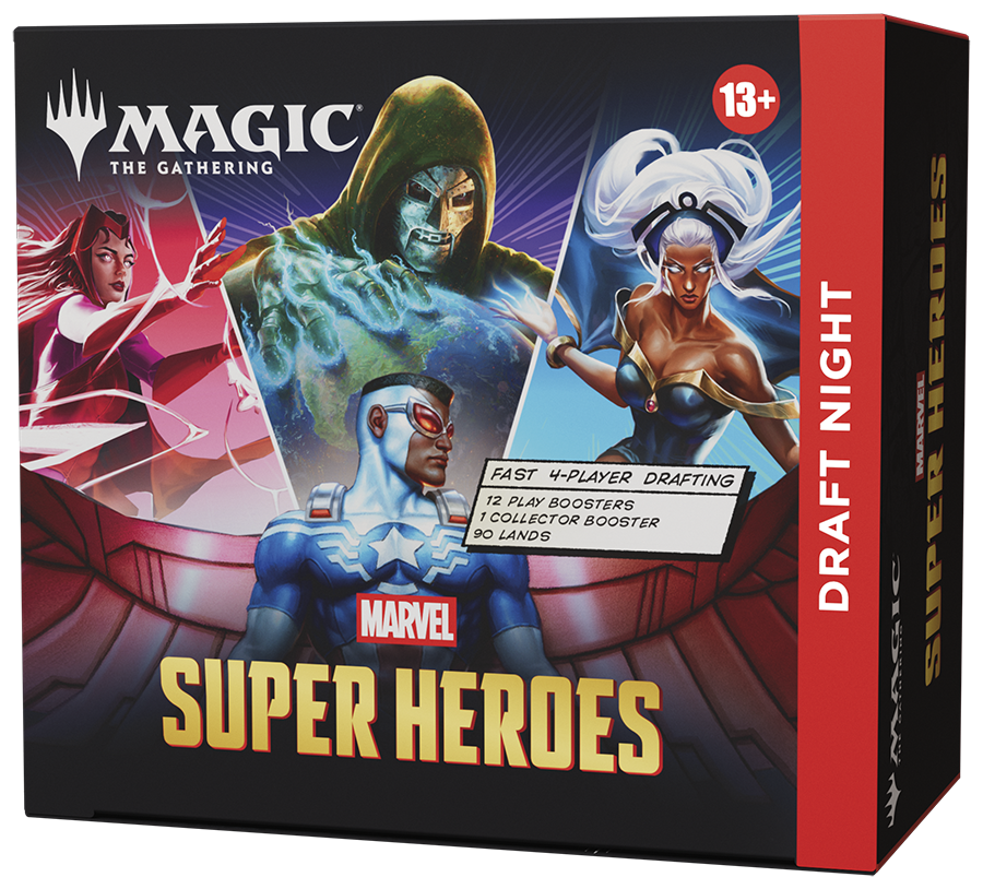 Magic: The Gathering - Marvel Super Heroes - Draft Night Box (PREORDER) - The Gathering Marvel Super Heroes Draft Night Box with colorful superhero artwork on black and red packaging.