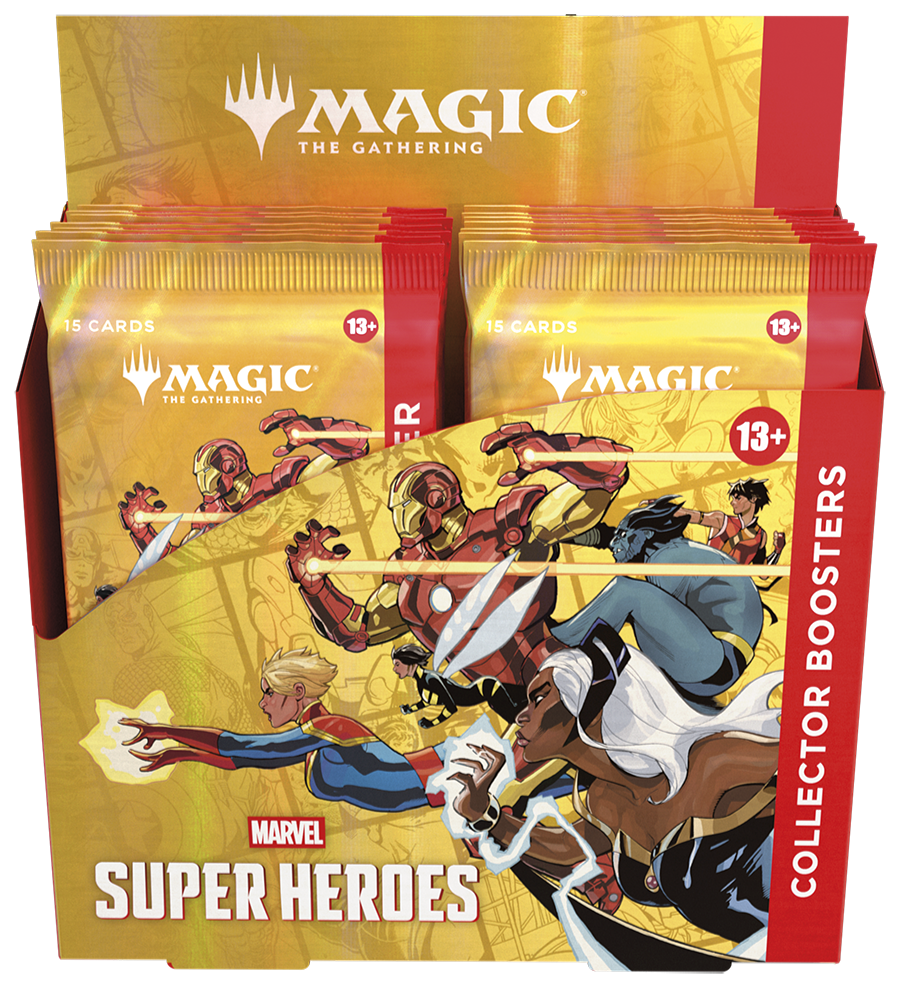 Magic: The Gathering - Marvel Super Heroes - Collector's Booster Display (PREORDER) - The Gathering Marvel Super Heroes Collector's Booster Display box with vibrant red and yellow packaging and Marvel superhero