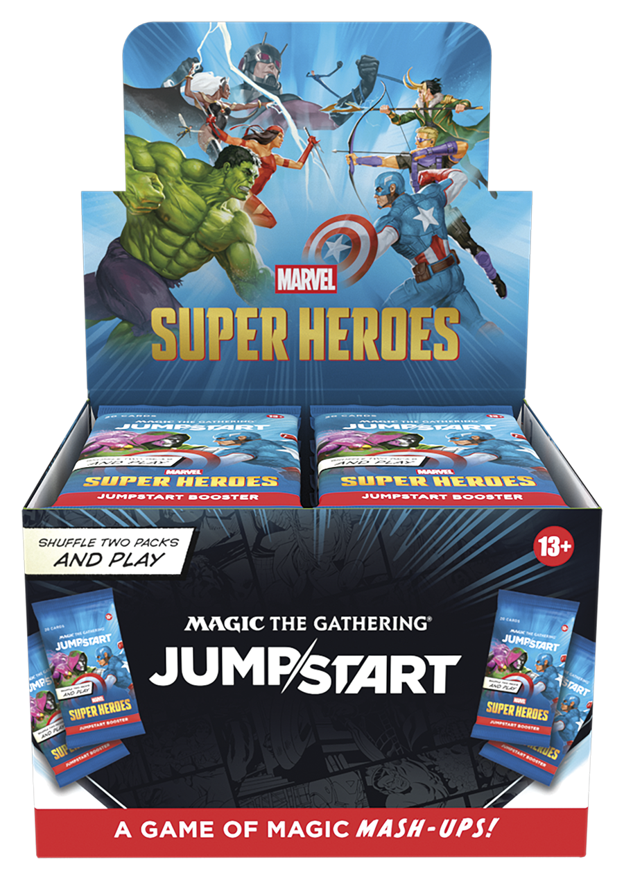 Magic: The Gathering - Marvel Super Heroes - Jumpstart Booster Display (PREORDER) - The Gathering Jumpstart booster packs in blue and black packaging.