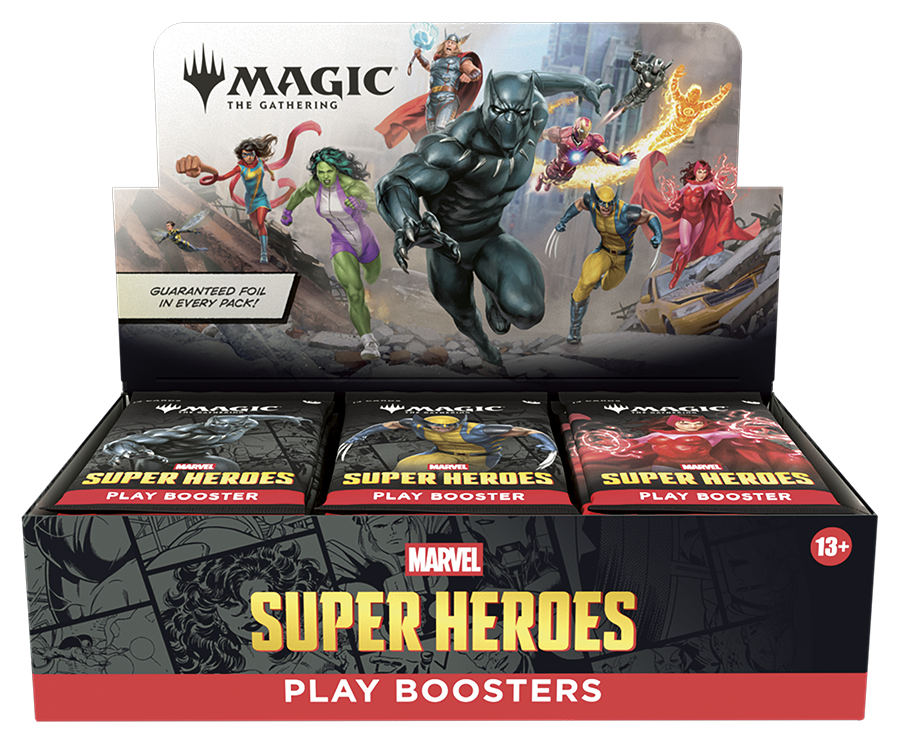 Magic: The Gathering - Marvel Super Heroes - Play Booster Box (PREORDER) - The Gathering Marvel Super Heroes Play Booster Box featuring colorful comic-style superhero artwork with Black Panther, Iron