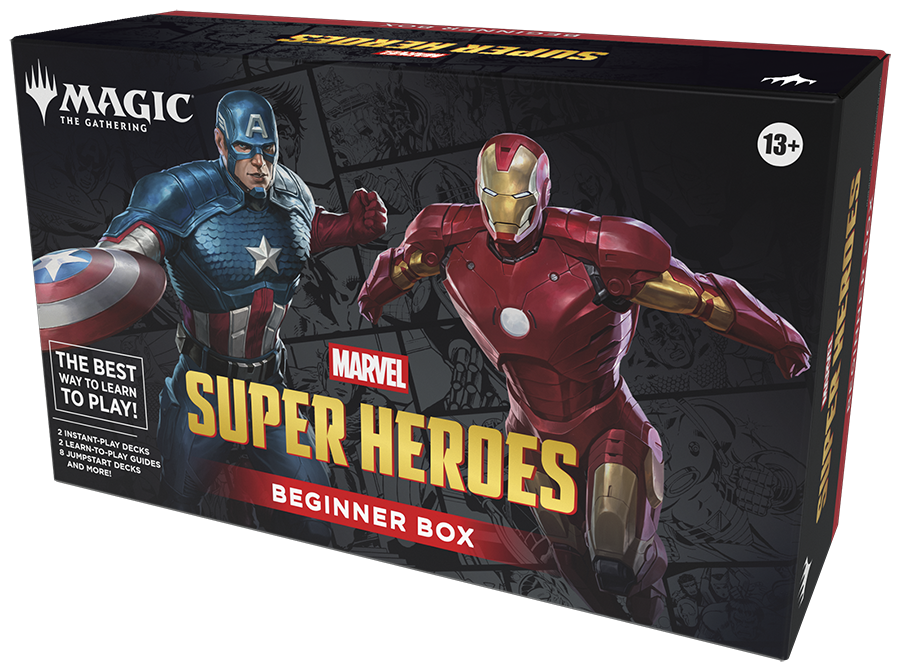 Magic: The Gathering - Marvel Super Heroes - Beginner Box (PREORDER) - The Gathering Marvel Super Heroes Beginner Box with Captain America and Iron Man artwork on black packaging.